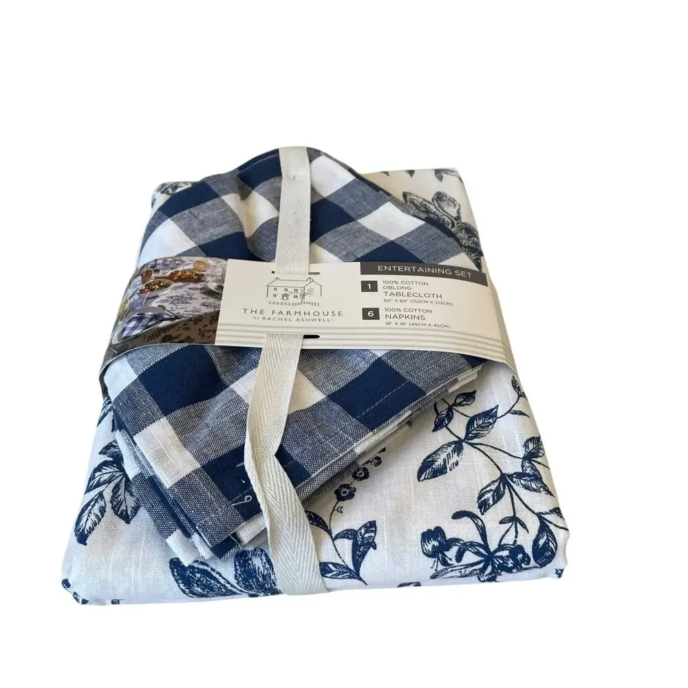 7pc Farmhouse Easter Bunny Tablecloth 60x84 Gingham Napkin Set Blue White NEW